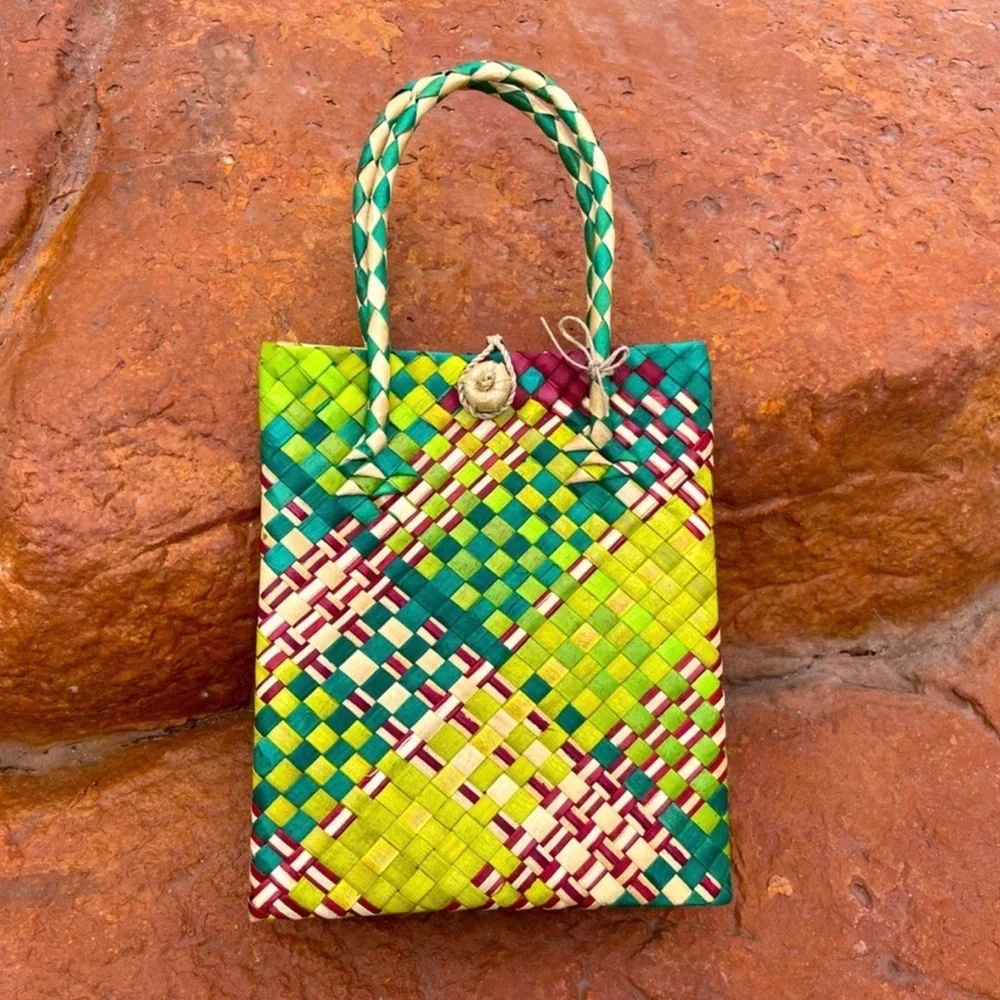 3 Hand Woven Mini Tote Bags Handwoven Wicker Boho Mini Market Lunch Bag